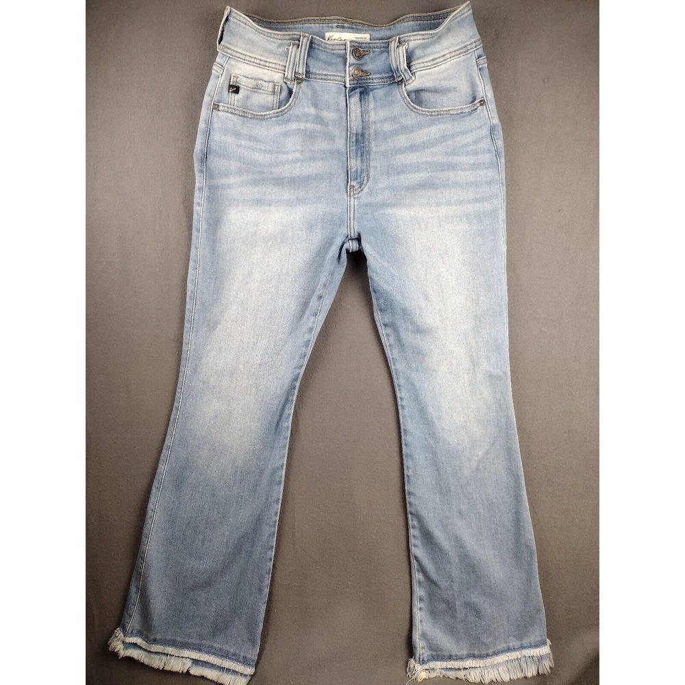 Kancan Double Fray Flare Bottom Jeans Women's 30x32 Light Wash Stretch
